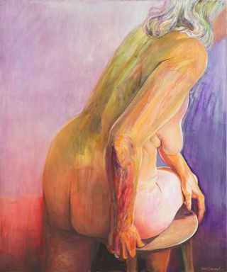 painting of female nude, back to camera, turning
