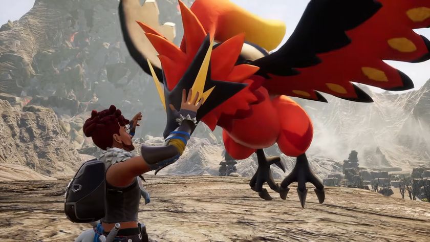 Palworld screenshot showing a man petting a bird creature