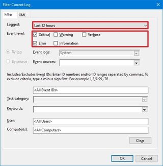 Filter Log Event Viewer to find BSOD