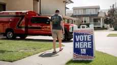 "Vote Here" signage outside a polling location at Fire Station 12 during a runoff primary election in downtown Baton Rouge, Louisiana