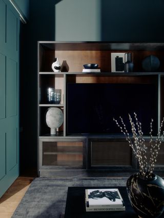 Shelving in a dark space with dark blue paint
