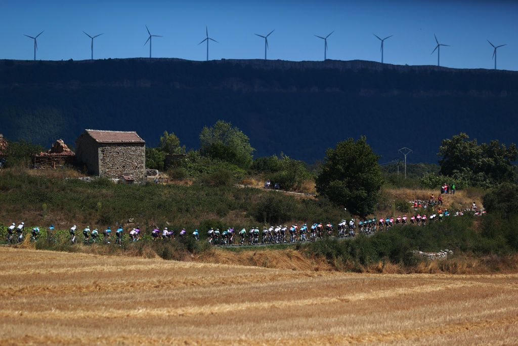 VILLARCAYO SPAIN AUGUST 17 A general view of the peloton passing through a landscape during the 45th Vuelta a Burgos 2023 Stage 3 a 183km stage from Sargentes de la Lora to Villarcayo on August 17 2023 in Villarcayo Spain Photo by Gonzalo Arroyo MorenoGetty Images