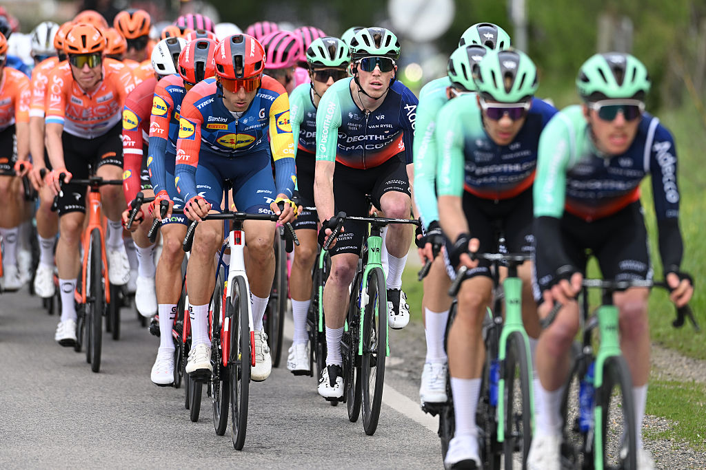 TAVIRA, PORTUGAL - FEBRUARY 18: (L-R) Carlos Verona of Spain and Team Lidl - Trek and Stan Dewulf of Belgium and Team Decathlon CMA CGM compete during the 52nd Volta ao Algarve em Bicicleta 2026 - Stage 1 a 183.5km stage from Vila Real de Santo Antonio to Tavira on February 18, 2026 in Tavira, Portugal. (Photo by Dario Belingheri/Getty Images)