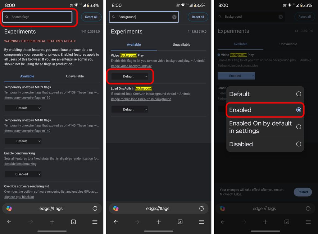 Enable background playback in Microsoft Edge.