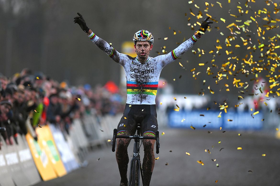 Wout Van Aert celebrates victory in Zeven.
