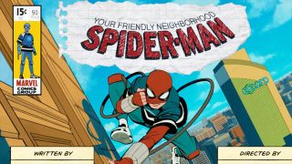 A screenshot of the episode 2 title car showing Spider-Man smiling as he leaps on a building in Your Friendly Neighborhood Spider-Man