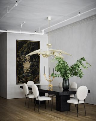 Modern dining room with antique tapestry