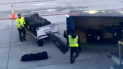 Bags being thrown from the plane to the ground by baggage handlers