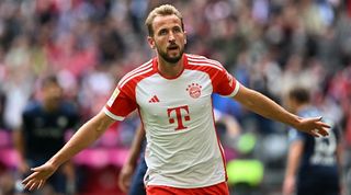 Harry Kane celebrates one of his three goals for Bayern Munich against Bochum at the Allianz Arena in September 2023.