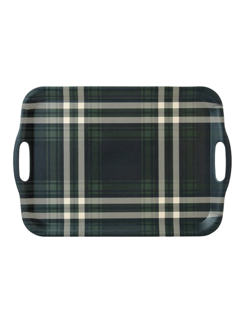 Navy Green Plaid Large Melamine Tray With Handles