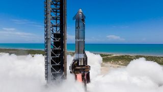 SpaceX conducts a static fire test with a Starship upper stage at its Starbase site in South Texas on July 31, 2025.