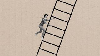 Woman climbing an illustrated ladder on brown paper