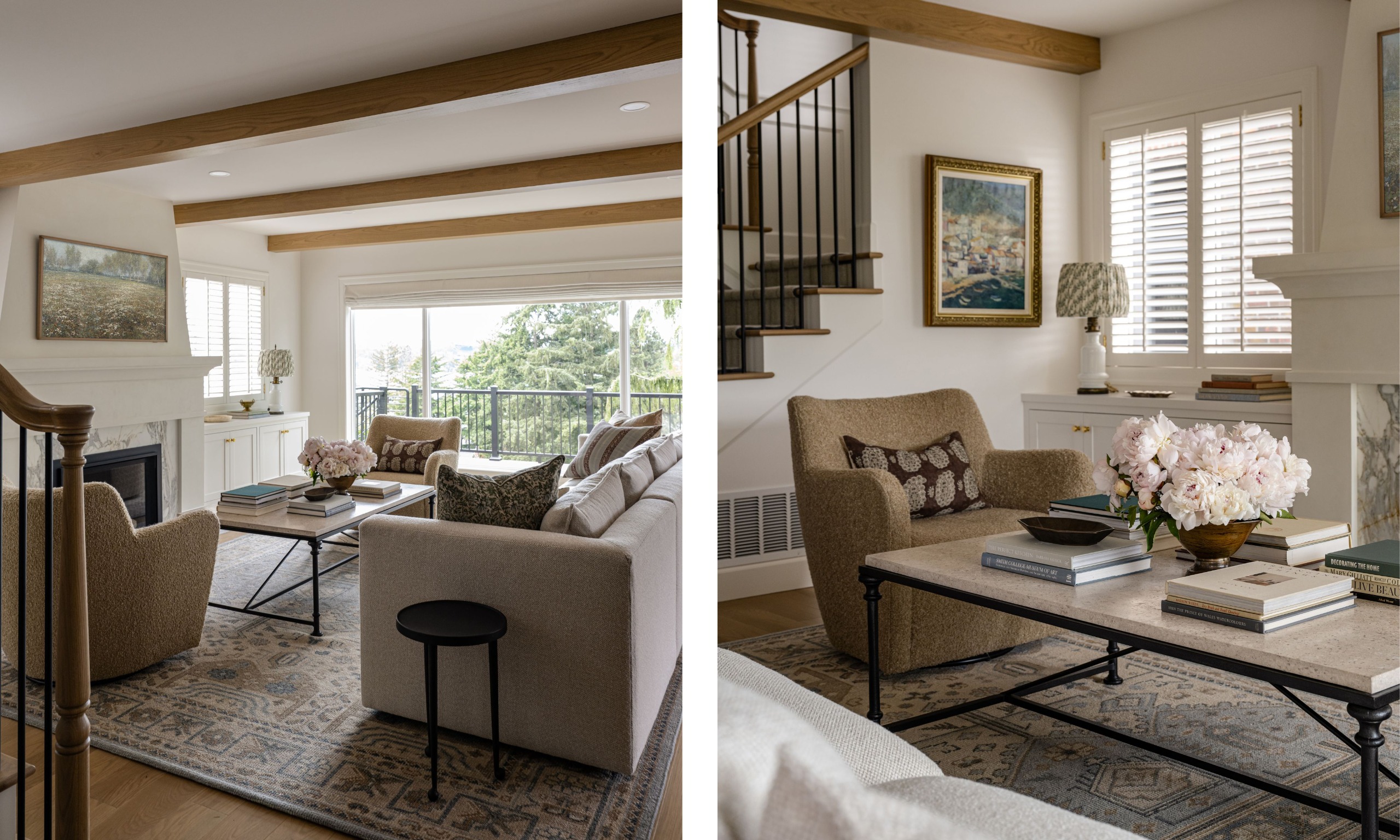 Two images of a living room with transitional decor. A large patterned rug, white walls, wood ceiling beams, and a marble fireplace. A taupe sofa, neutral armchairs, a modern coffee table, and patterned cushions.