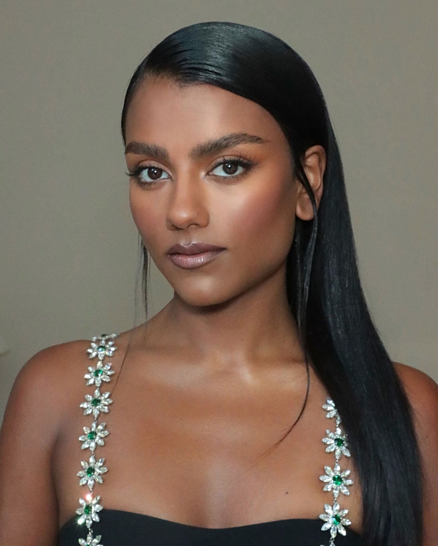 Simone Ashley with matching blush and lipstick