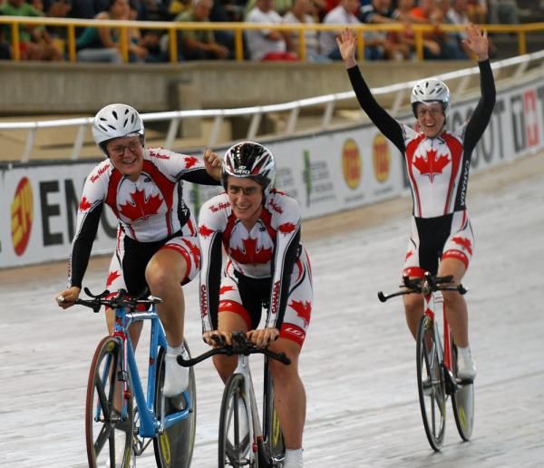 Oh Canada!: The women celebrate their win in the women's team pursuit