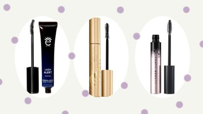 Collage of the best mascaras for straight lashes, including picks from Eyeko and Fenty Beauty