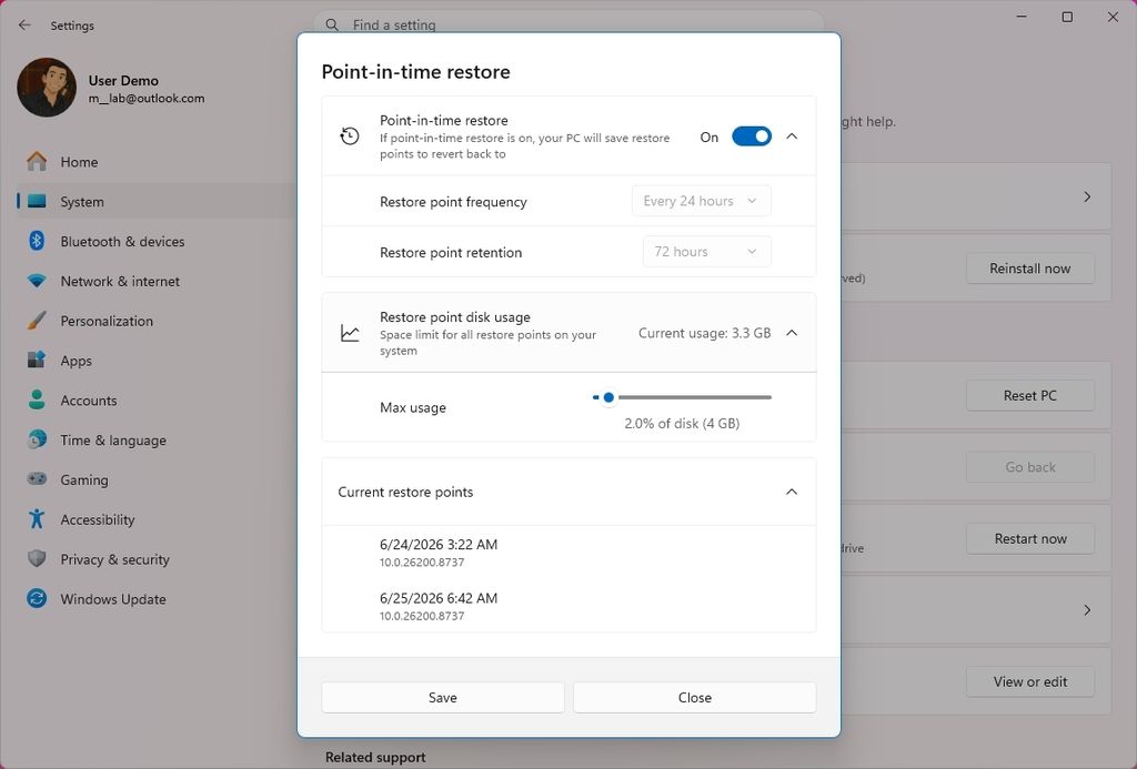 Windows 11 Settings with Point-in-time Restore configuration.