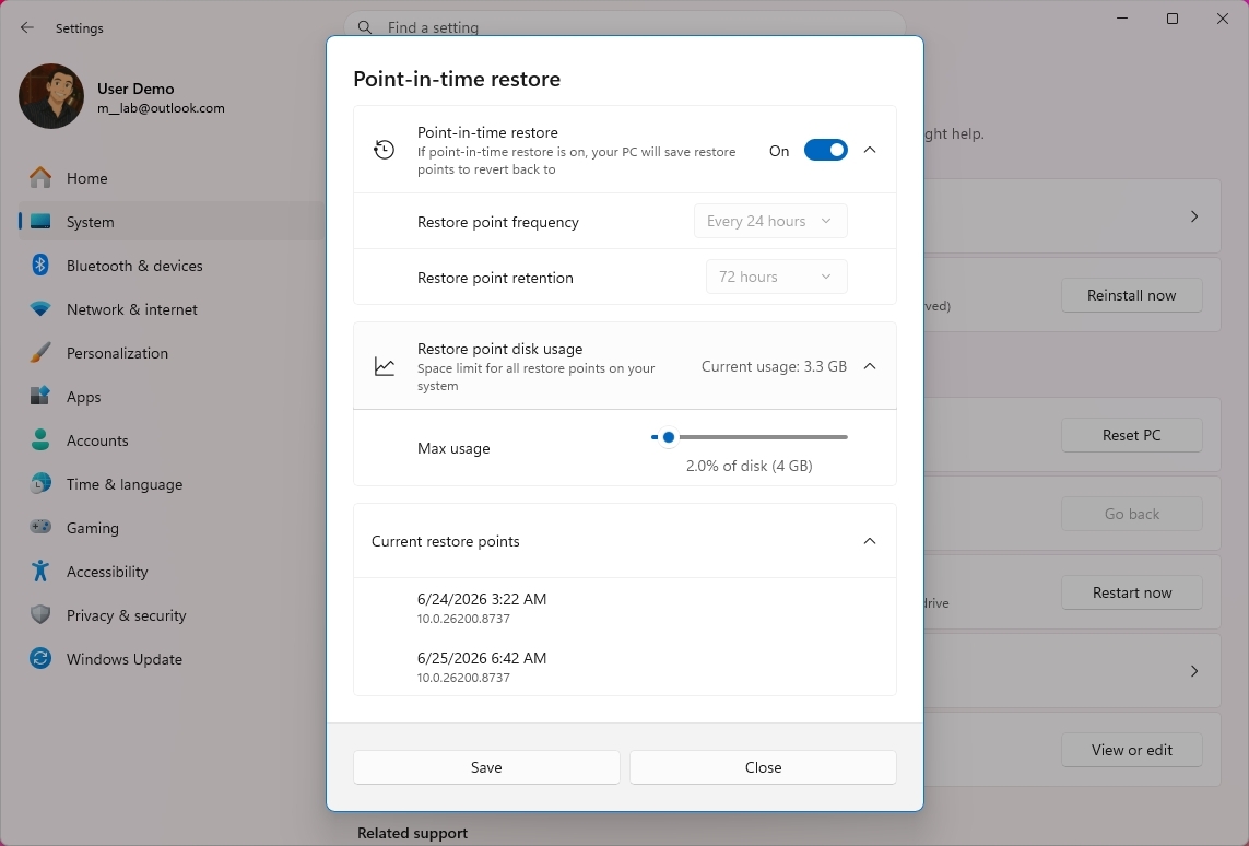 Windows 11 Settings with Point-in-time Restore configuration.
