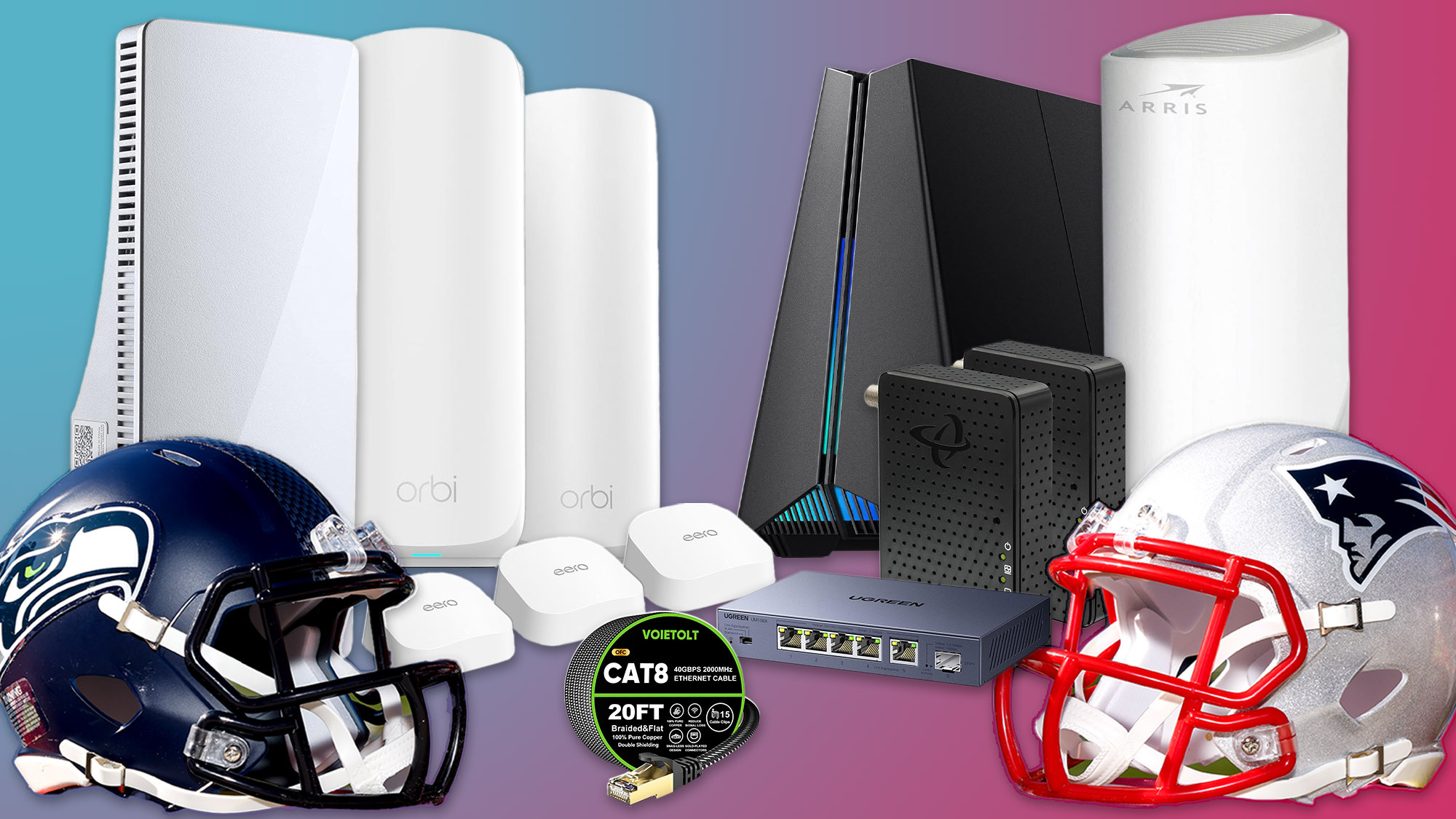 A collage of Wi-Fi gear next to a Seahawks and Patriots helmet on a colored background