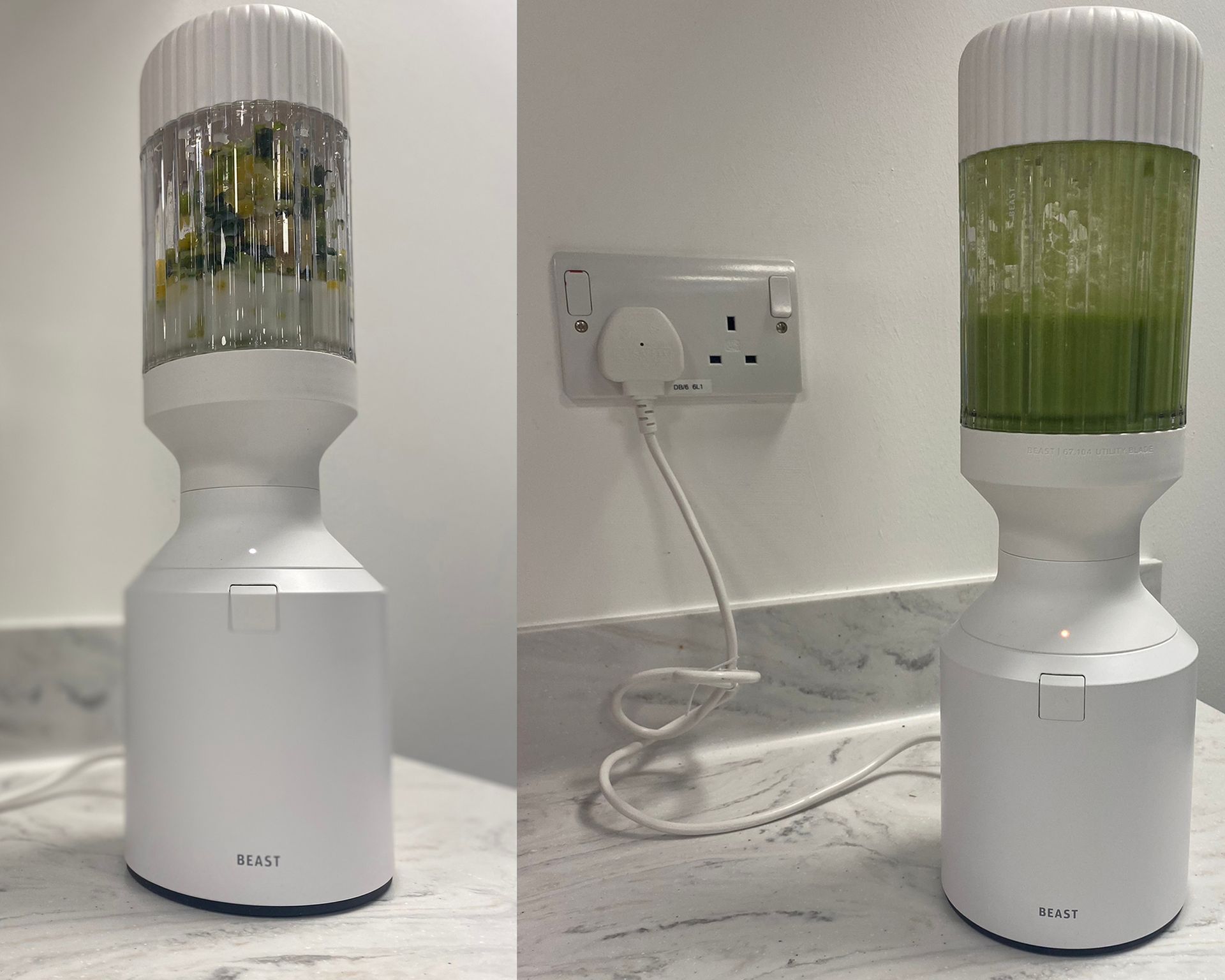 Sebelum dan sesudah membuat smoothie hijau di Blender Beast Health B10