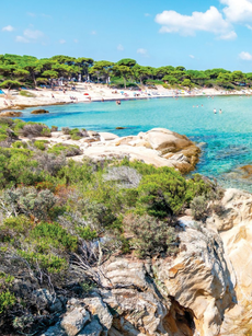 A beach cove with a clear blue sea and matching blue sky
