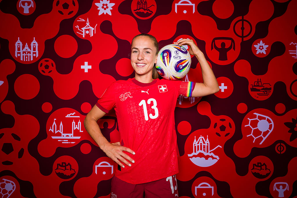 Lia Walti of Switzerland poses for a portrait during the Official UEFA Women's EURO 2025 Portrait Session on June 24, 2025 in St Gallen, Switzerland.