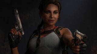 Lara Croft holding two guns while smiling during the teaser for Tomb Raider: Catalyst. 