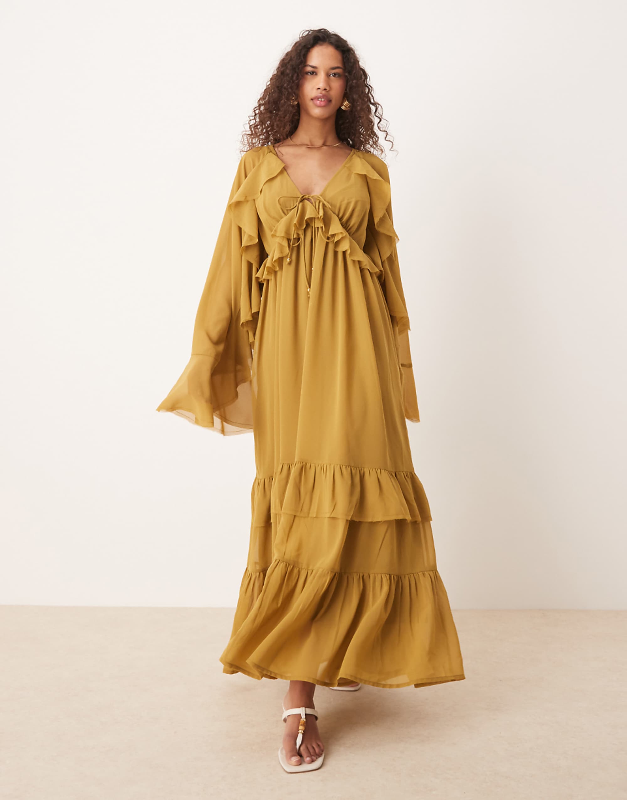 Asos Design Long Sleeved V Neck Midaxi Dress With Tie Details in Olive