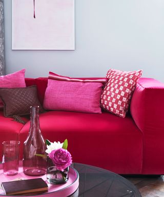 Pink themed room. Pink sofa, assorted cushions