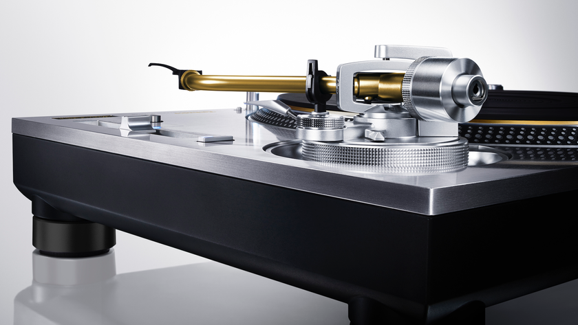 Technics SL-1200GME turntable close-up shot from slightly behind the tonearm