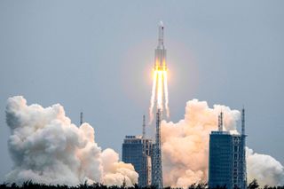 A Long March 5B rocket, carrying China's Tianhe space station core module, lifts off from the Wenchang Space Launch Center in southern China's Hainan province on April 28, 2021