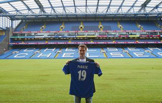 LONDON - JANUARY 30: Scott Parker of Chelsea poses for the cameras during a Chelsea FC press Conference at Stamford Bridge on January 30, 2004 in London. Parker signed for Chelsea from Charlton Athletic for 10million GBP. (Photo by Christopher Lee/Getty Images)