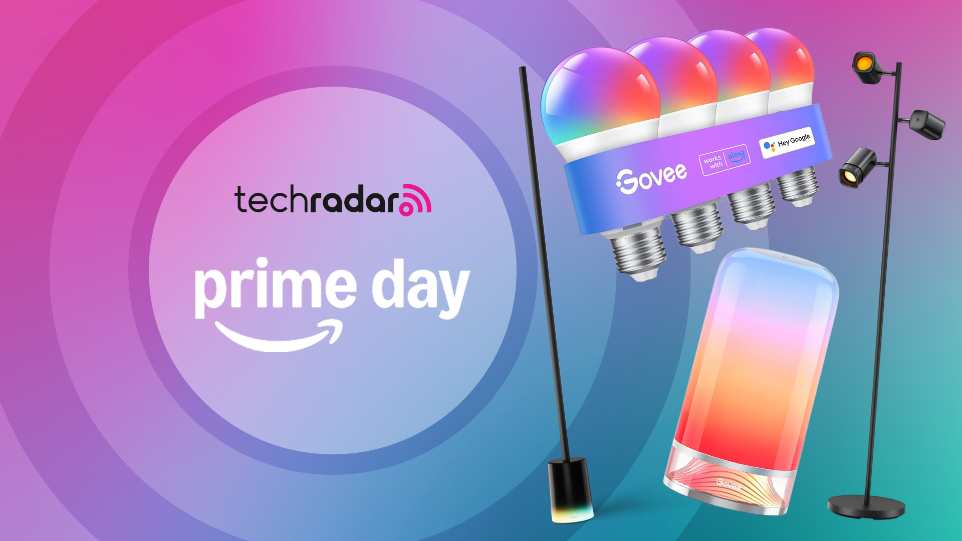 Four Govee smart lights are pictured next to text which reads: Tech Radar Prime Day.