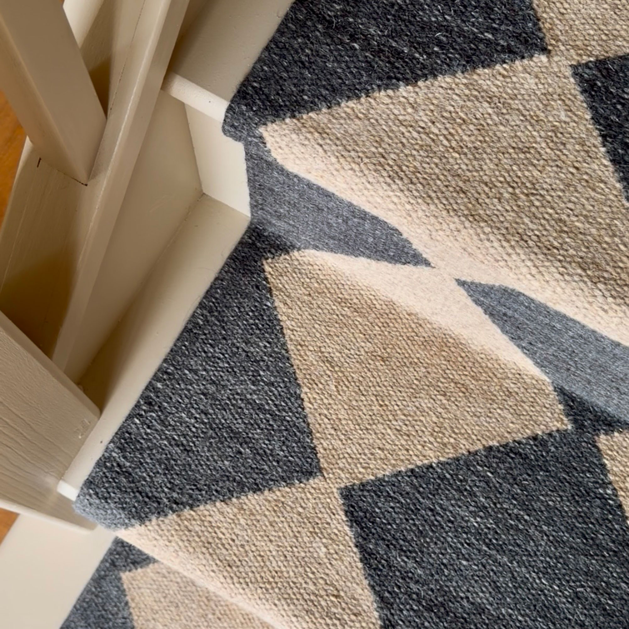Close up of monochrome chequered staircase runner