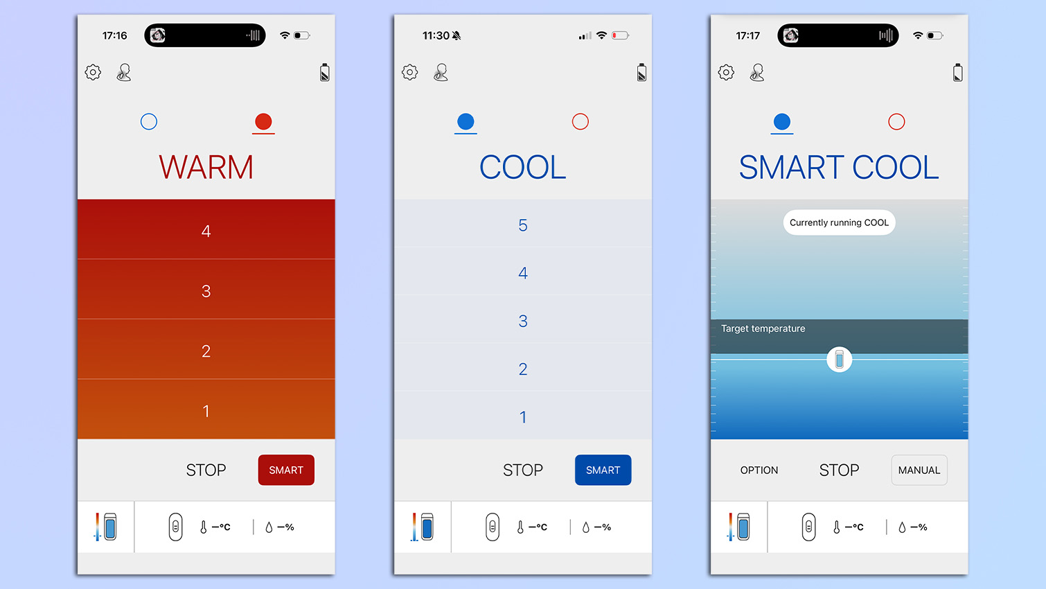 Screenshots taken from the Reon pocket app of the controls on the Reon Pocket Pro Plus