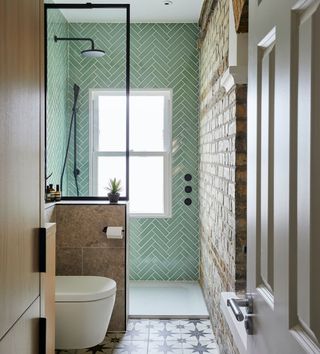 bathroom with printed tiled flooring and shower