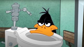 Daffy Duck looks over a toilet with a face of discontent in The Looney Tunes Show - S1 E15 "Bugs & Daffy Get a Job."