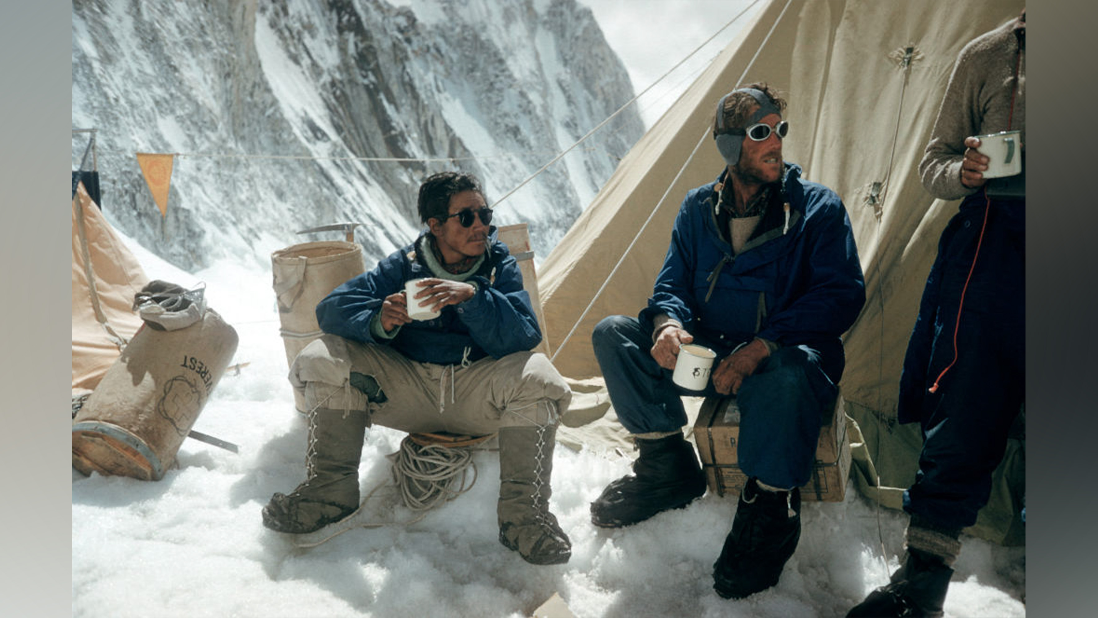 Edmund Hillary and Tenzing Norgay at mountain camp.
