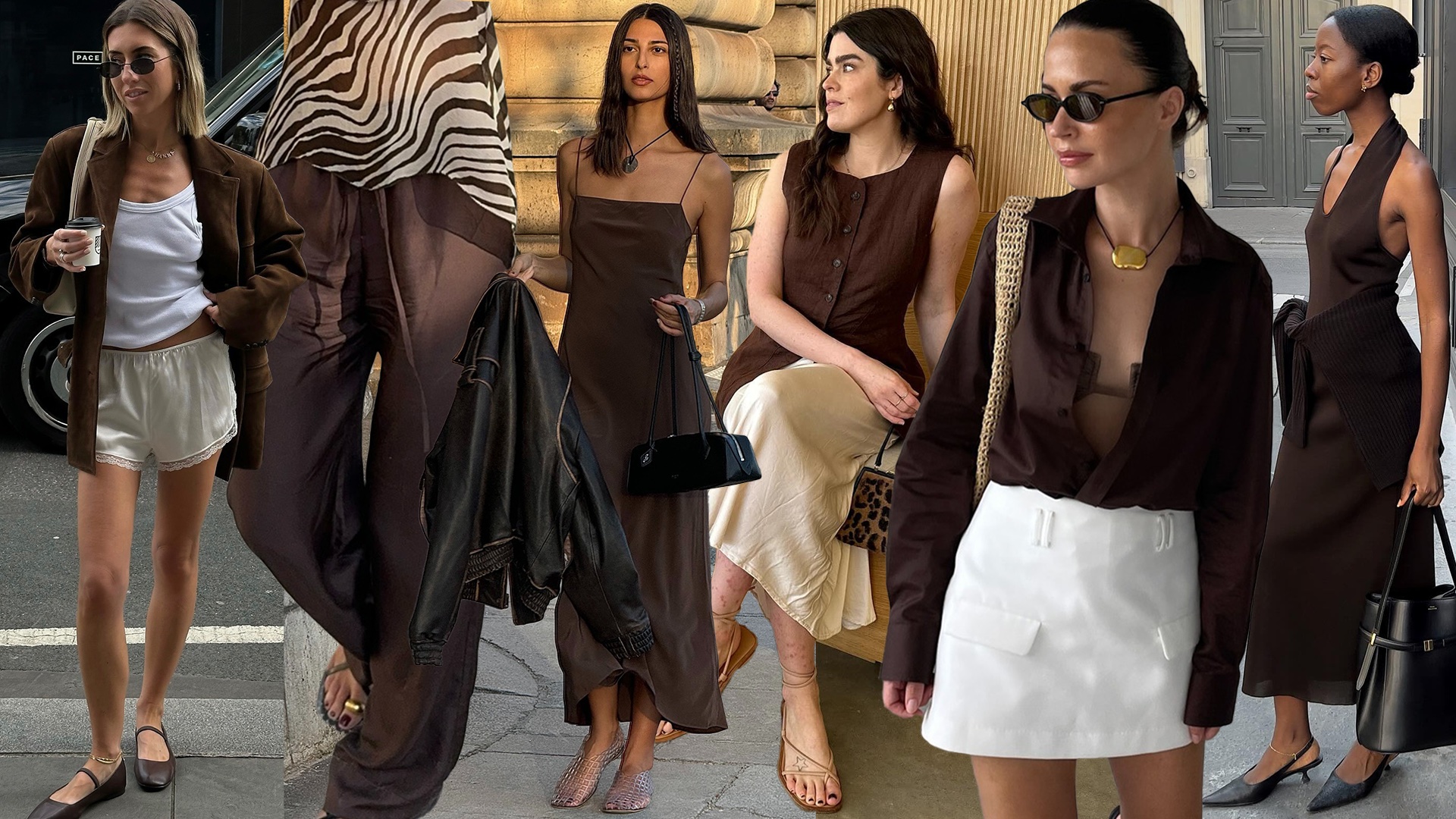 fashion collage of style influencers wearing chic outfits for 2026 with trendy brown pieces
