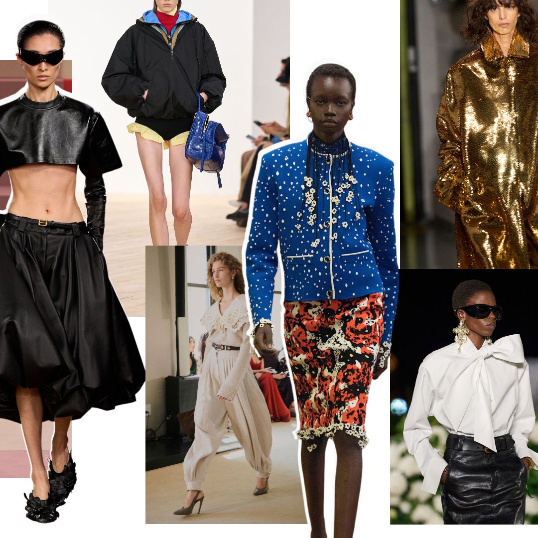 a collage of the 2026 fashion trends at Khaite, Fendi, Balenciaga, Loewe, Chanel, Jean Paul Gualtier, Chanel, Celine, Altuzarra, and Saint Laurent