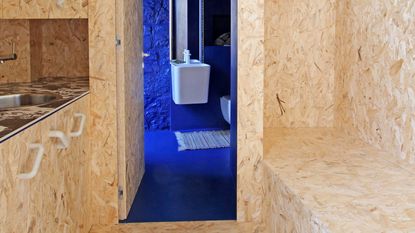 a cobalt blue bathroom next to a kitchen with osb board