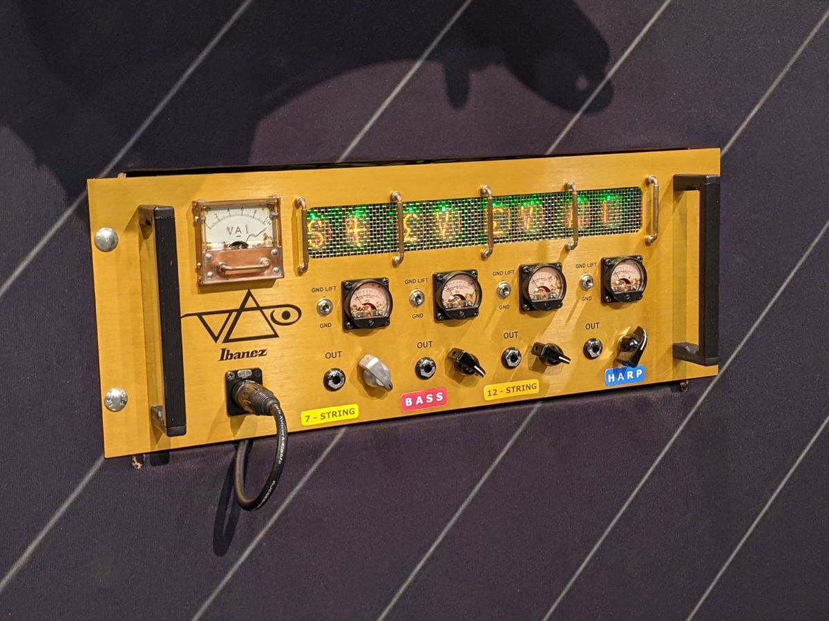 Steve Vai's triple-neck Ibanez Hydra guitar, as exhibited at NAMM 2022