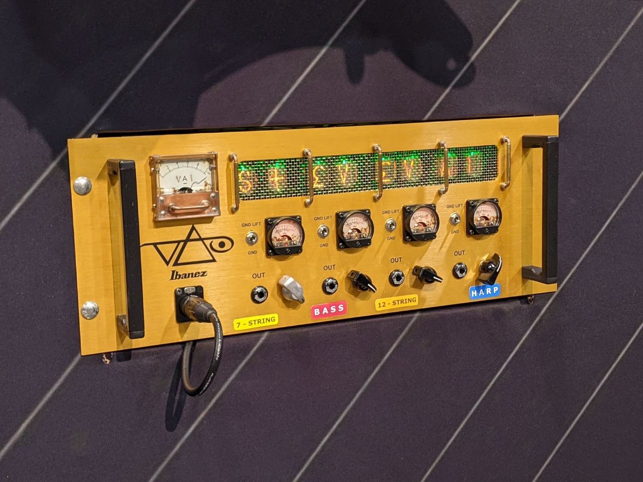 Steve Vai's triple-neck Ibanez Hydra guitar, as exhibited at NAMM 2022