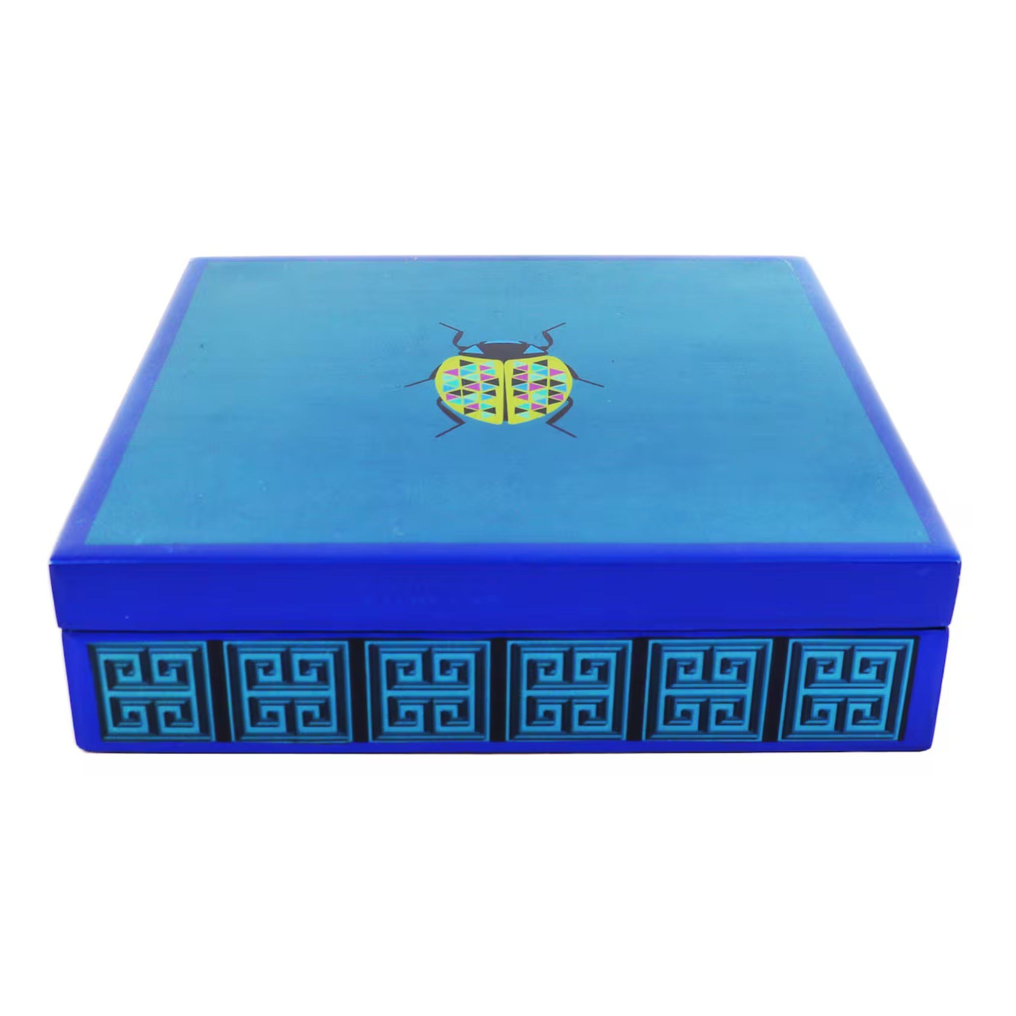 a blue box with a beetle on it