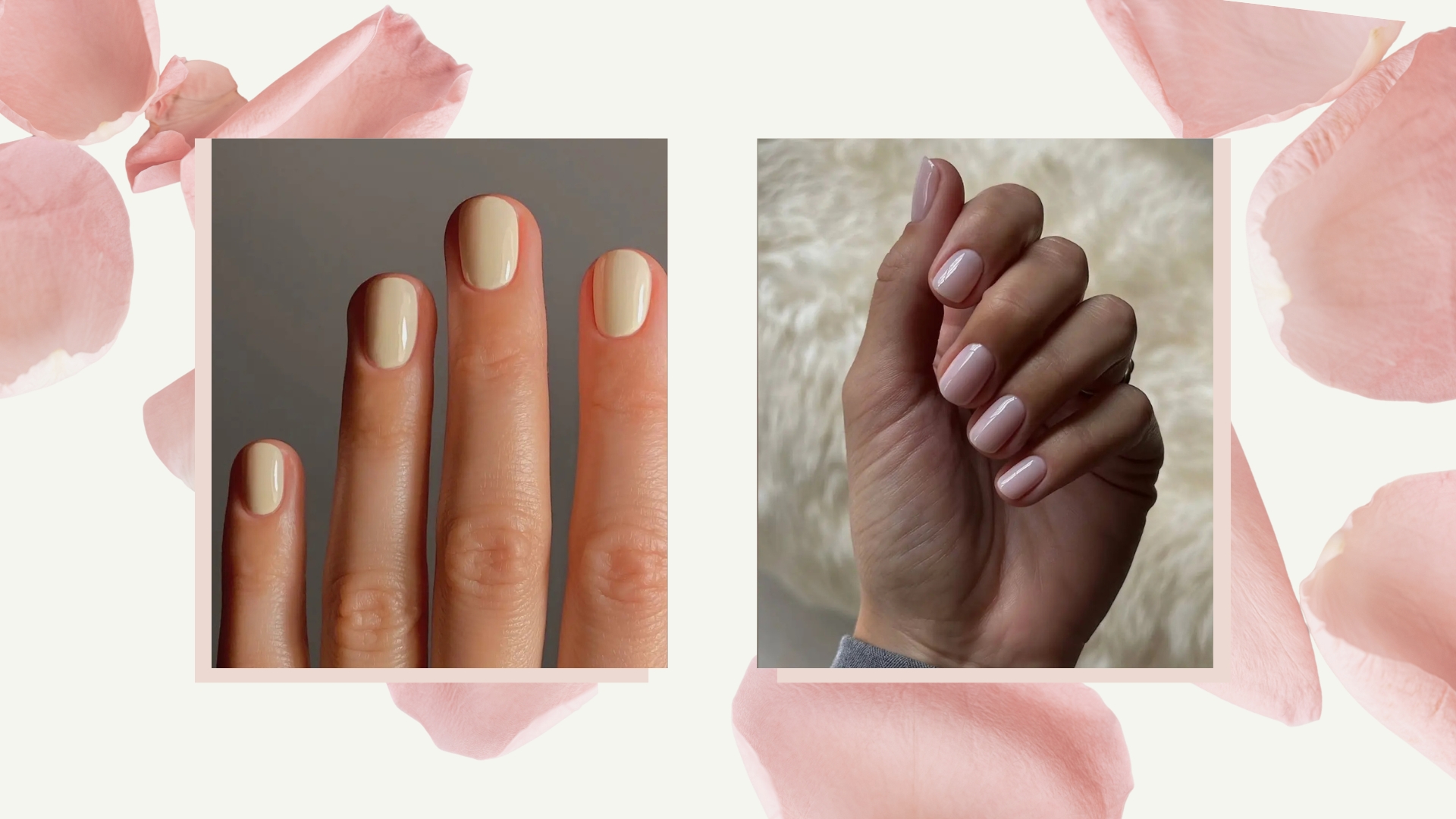On the left is a close-up of a hand with a pale yellow manicure and on the right, is a hand with pastel, sheer pink nails, both created by nail artist, Mateja Novakovic (@matejanova)/ on a cream template with pink rose petals.