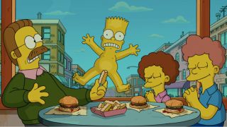 Ned Flanders freaks out over a nude Bart Simpson, while his sons pray at the Krusty Burger, in The Simpsons Movie.