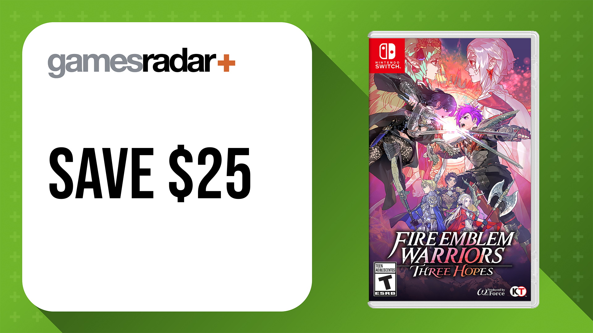 Fire Emblem Warriors: Three Hopes Nintendo Switch box art on a green background with sale information
