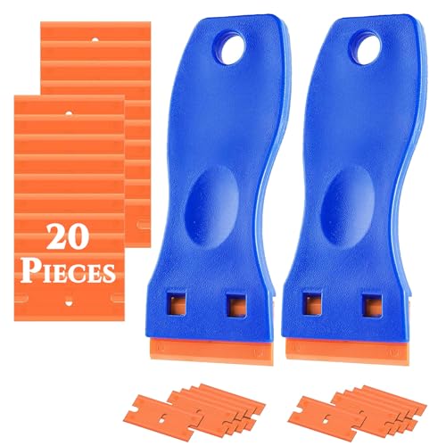 Plastic Scraper Tool With 20 Non-Scratch Plastic Razor Blades - Ideal for Glass, Windows, and Adhesive Removal