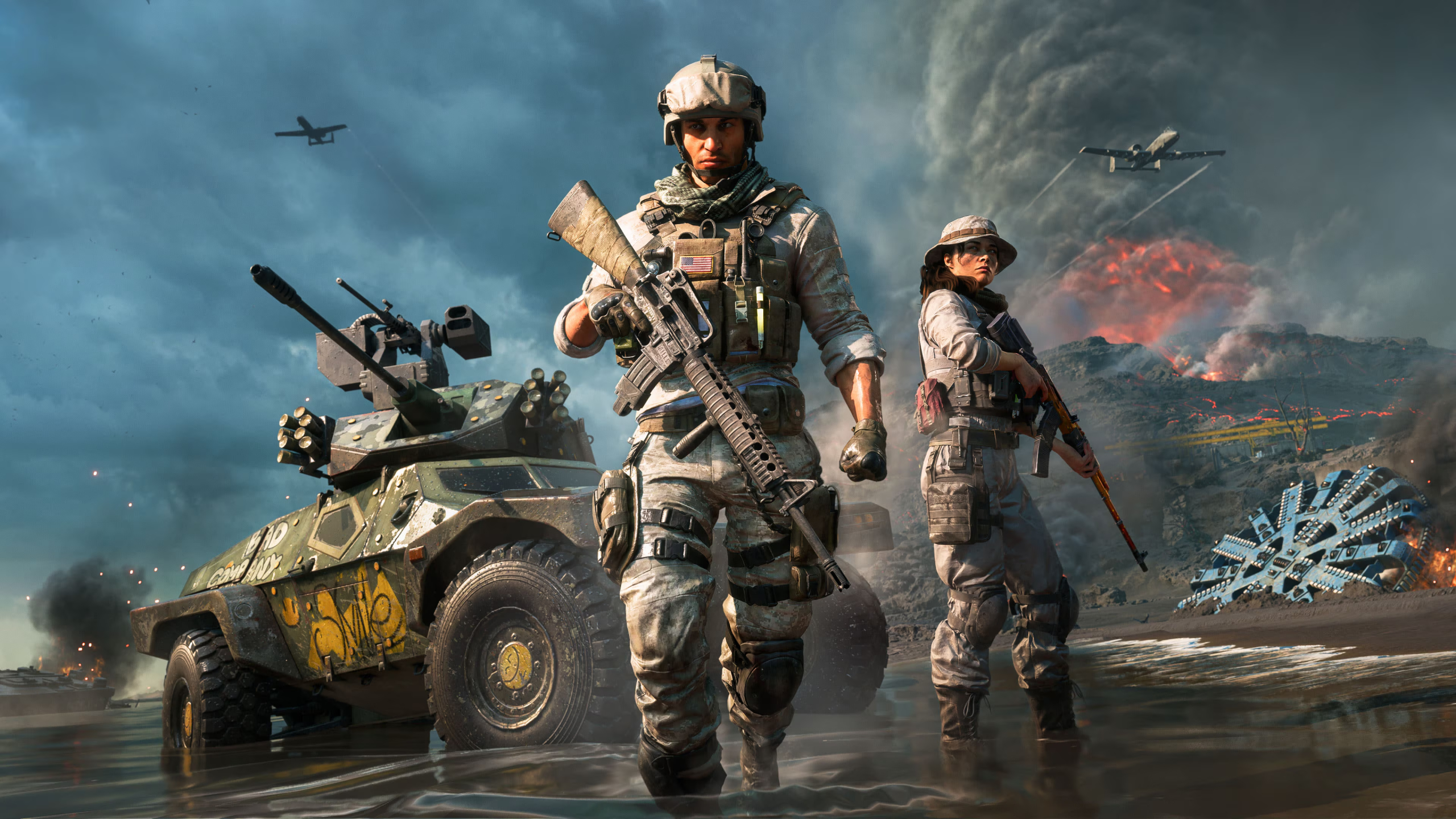 Battlefield 6 Road to Battlefield 2042 event: Two soldiers walking away from an armed jeep in water on Iwo Jima beack, as planes fly overhead.