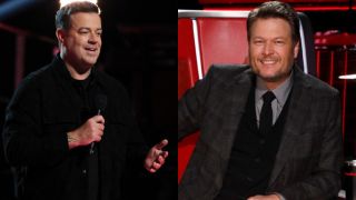 Side-by-side images show Carson Daly hosting The Voice and an NBC promo photo of Blake Shelton smiling at the camera from his Big Red Chair.